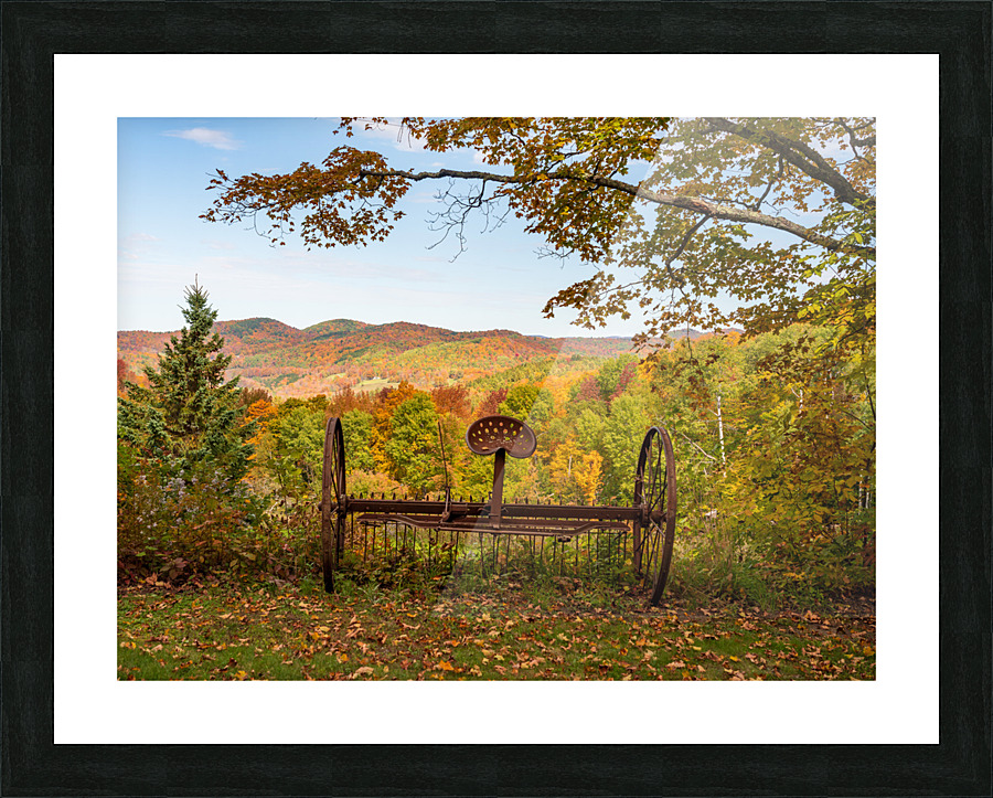 Horse drawn rake by fall colors in Vermont Picture Frame print