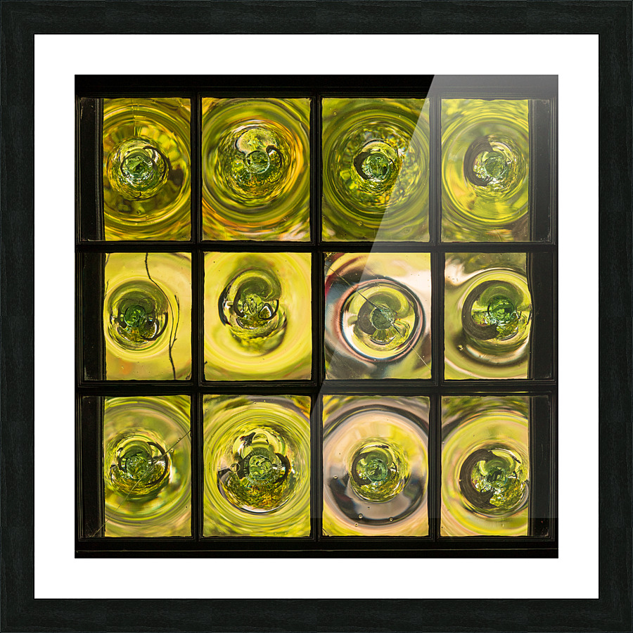 Window of old crown glass panes reflected garden Picture Frame print