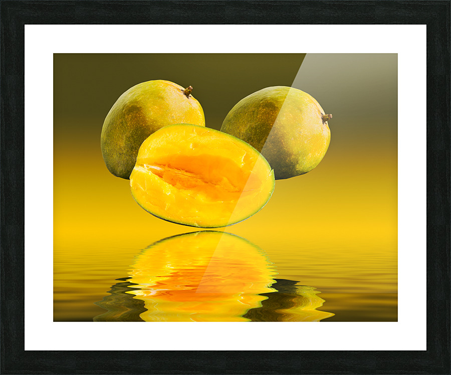 Two mangoes and one cut mango reflecting Picture Frame print