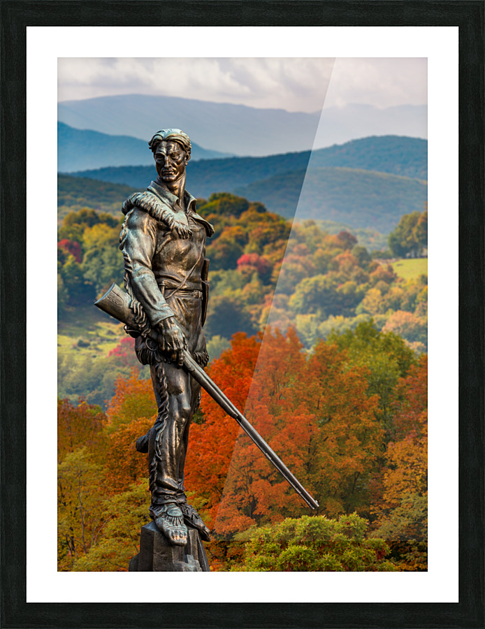 Mountaineer statue from WVU with fall leaves in West Virginia Picture Frame print
