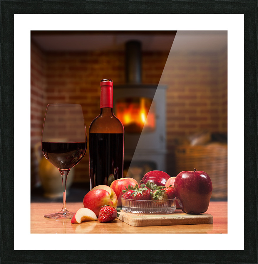 Red wine bottle and fruit with glass Picture Frame print