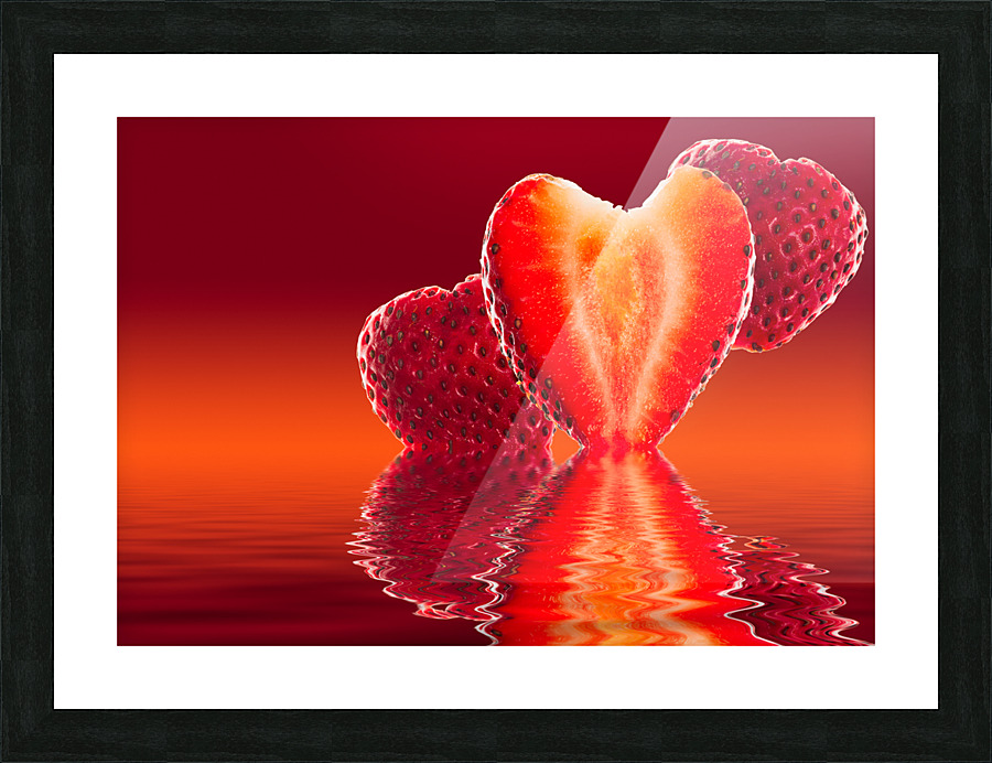 Fresh sliced strawberry in heart shape reflected Picture Frame print