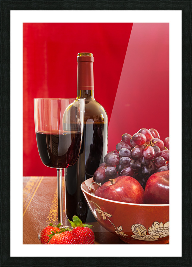 Red wine bottle and fruit with glass Picture Frame print