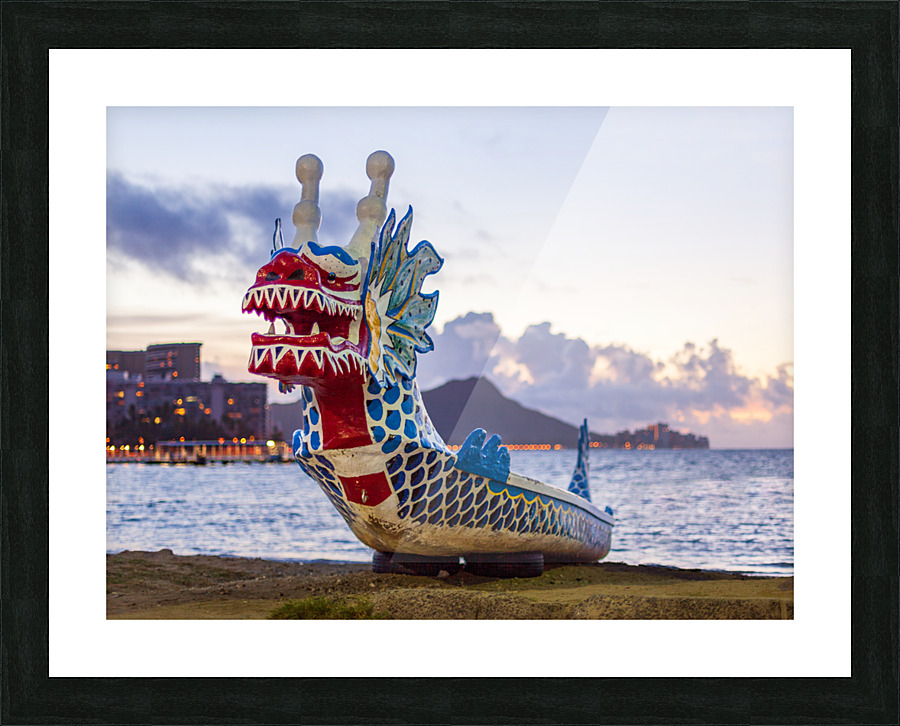 Carved head of dragon canoe Picture Frame print