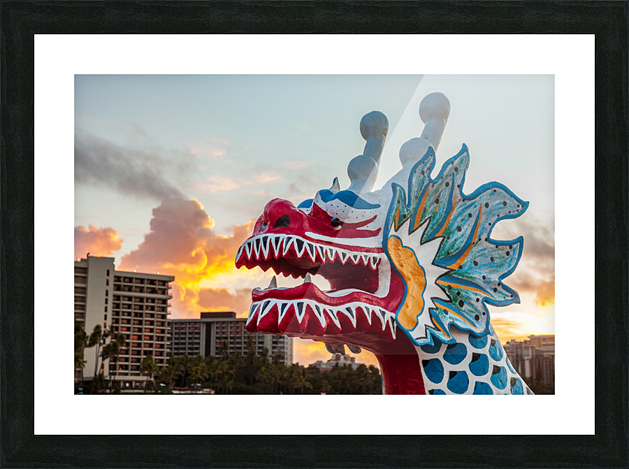 Carved head of dragon canoe in Waikiki Picture Frame print