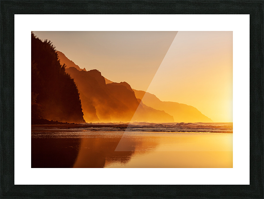Misty sunset on Na Pali coastline Picture Frame print