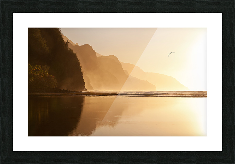Misty sunset on Na Pali coastline Picture Frame print