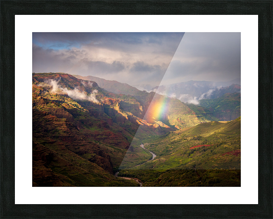 Dramatic rainbow over Waimea Canyon Picture Frame print