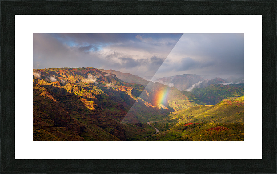 Dramatic rainbow over Waimea Canyon Picture Frame print
