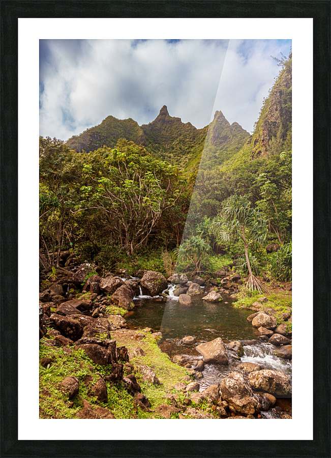 Jagged peaks above Lumahuli gardens Picture Frame print