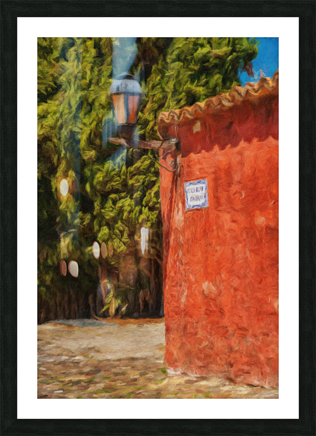 Oil painting of street lantern in Colonia del Sacramento Picture Frame print