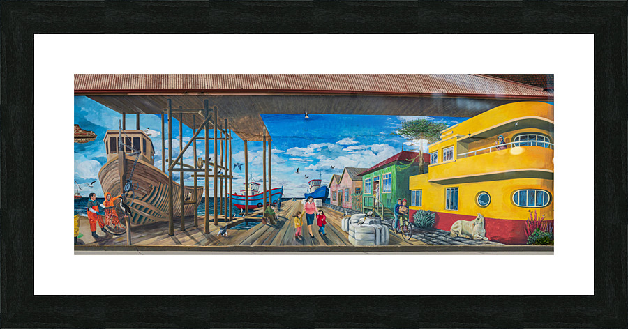 Wall mural of busy port on building in Punta Arenas in Chile Picture Frame print
