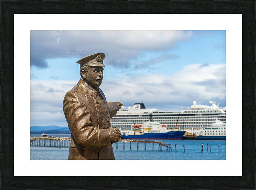 Statue of Ernest Shackleton pointing at Viking Jupiter ship in P Picture Frame print