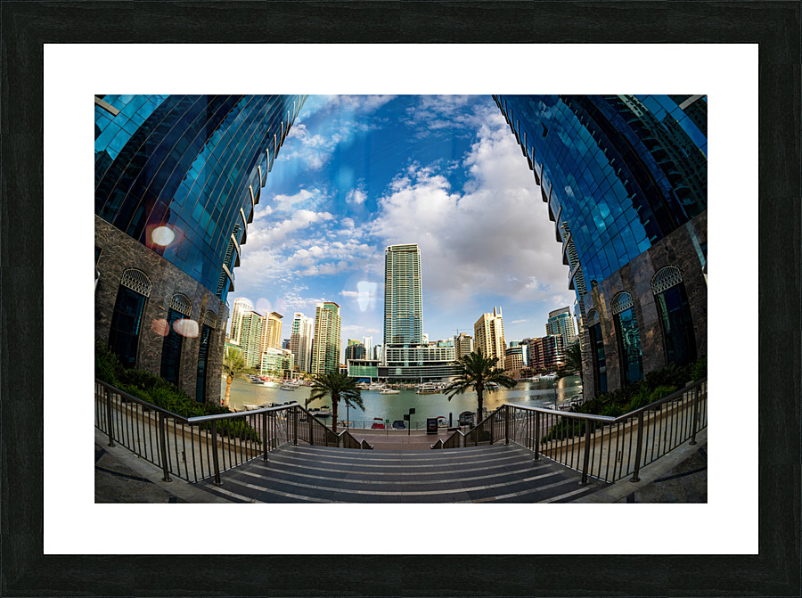 Fisheye view of tall buildings on waterfront at Dubai Marina Picture Frame print