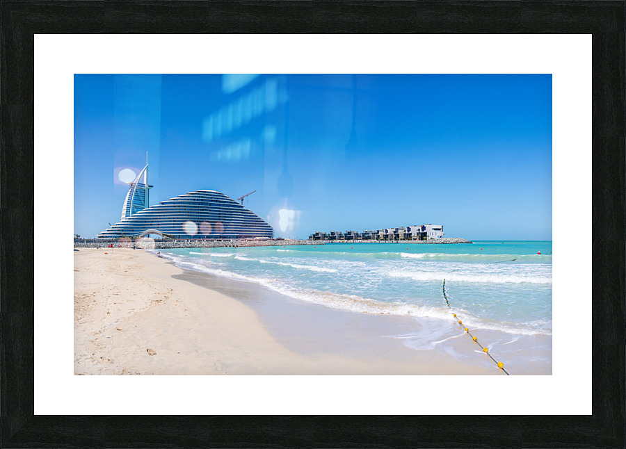 Iconic Burj al Arab behind newly constructed Marsa al Arab hotel Picture Frame print