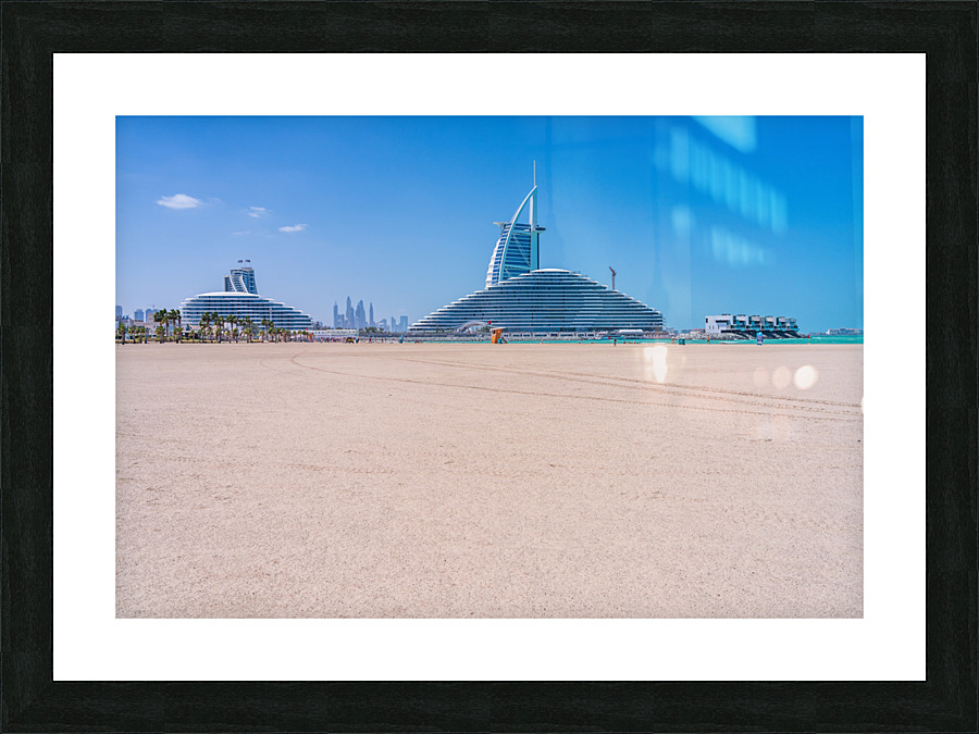 Iconic Burj al Arab behind newly constructed Marsa al Arab hotel Picture Frame print