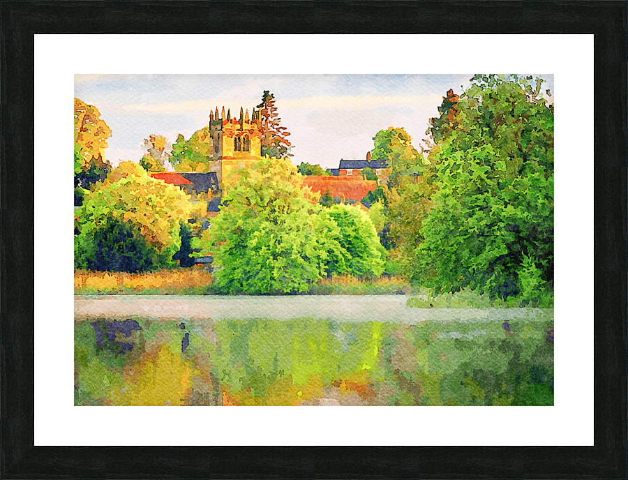 Watercolor across Ellesmere Mere in Shropshire to church Picture Frame print