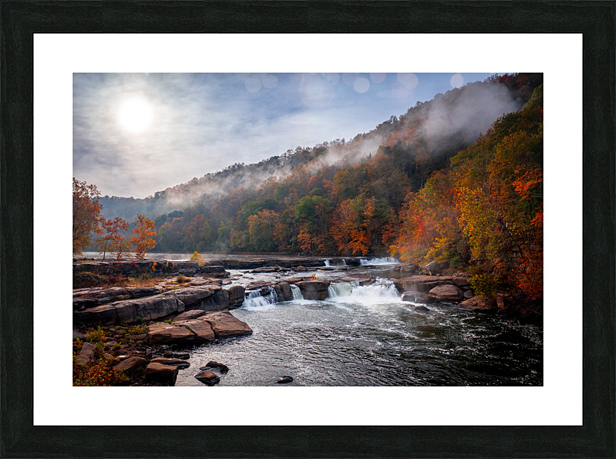 Sun rising over Valley Falls on a misty autumn day Picture Frame print