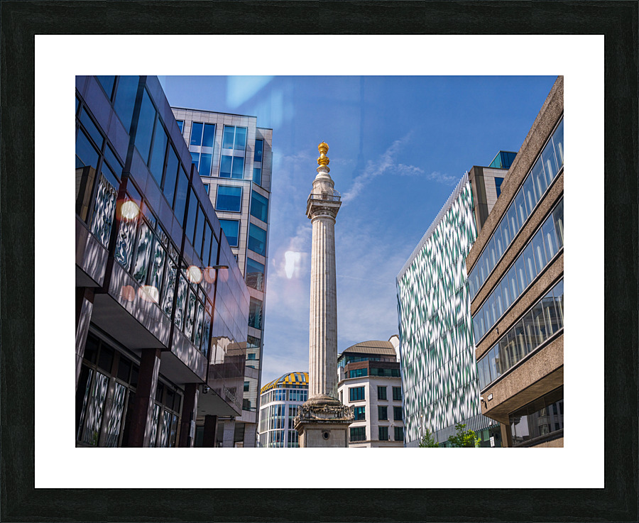 Modern office buildings surround the Monument in London Picture Frame print