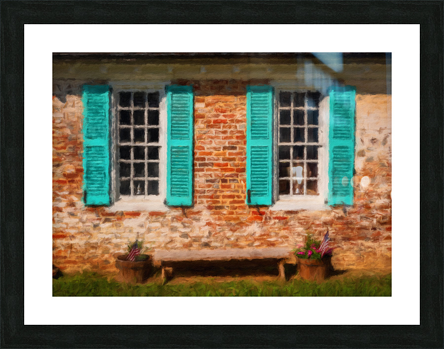 Painting of blue shutters against a white painted brick wall in  Picture Frame print