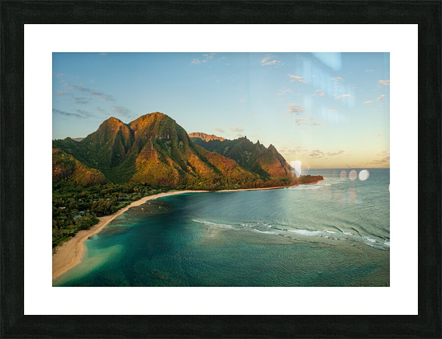 Aerial drone photo of Tunnels Beach at sunrise on Kauai in Hawaii Picture Frame print