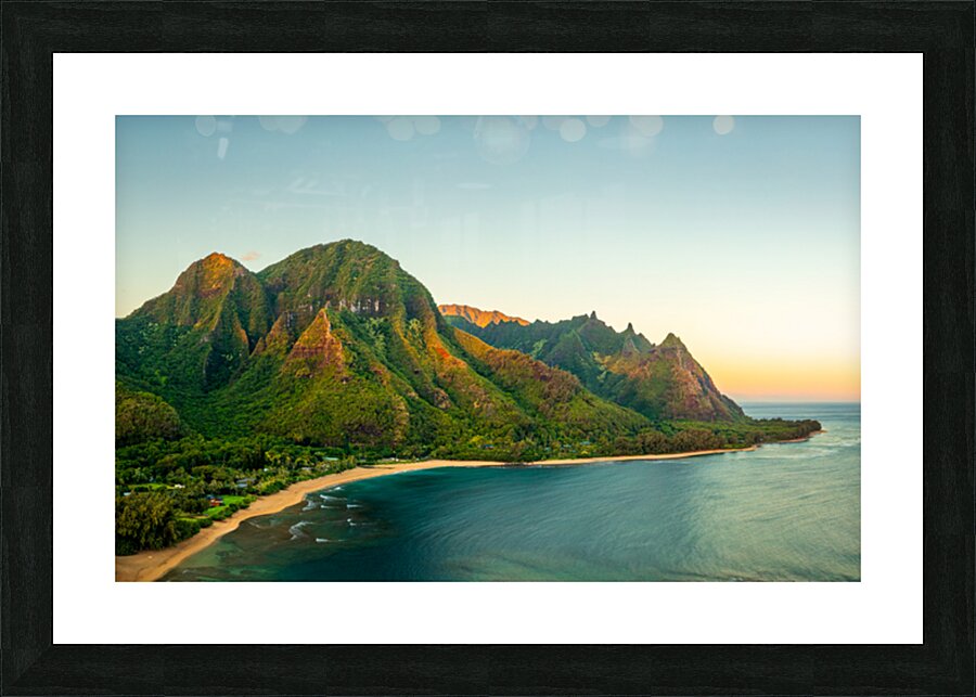 Sunrise aerial view of Tunnels Beach at dawn on Kauai in Hawaii Picture Frame print