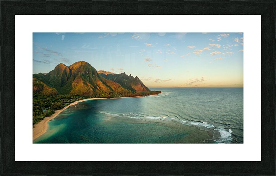 Panorama aerial view of Tunnels Beach at sunrise on Kauai in Hawaii Picture Frame print