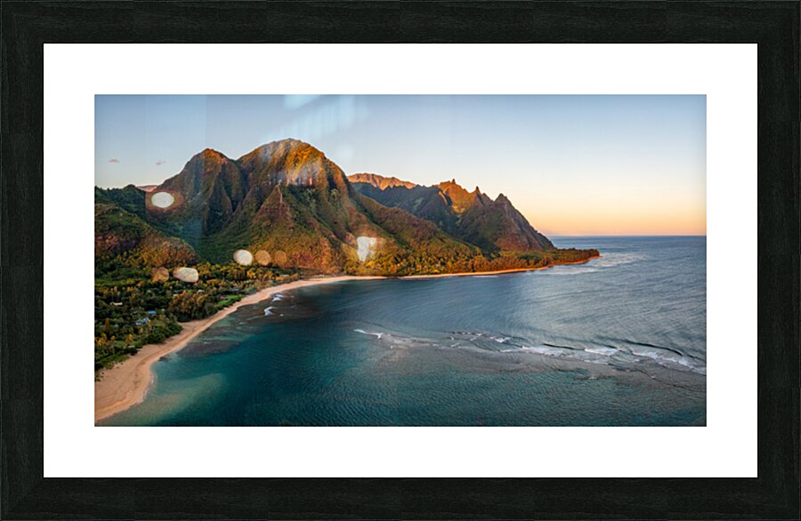 Aerial drone shot of Tunnels Beach at sunrise on Kauai in Hawaii Picture Frame print