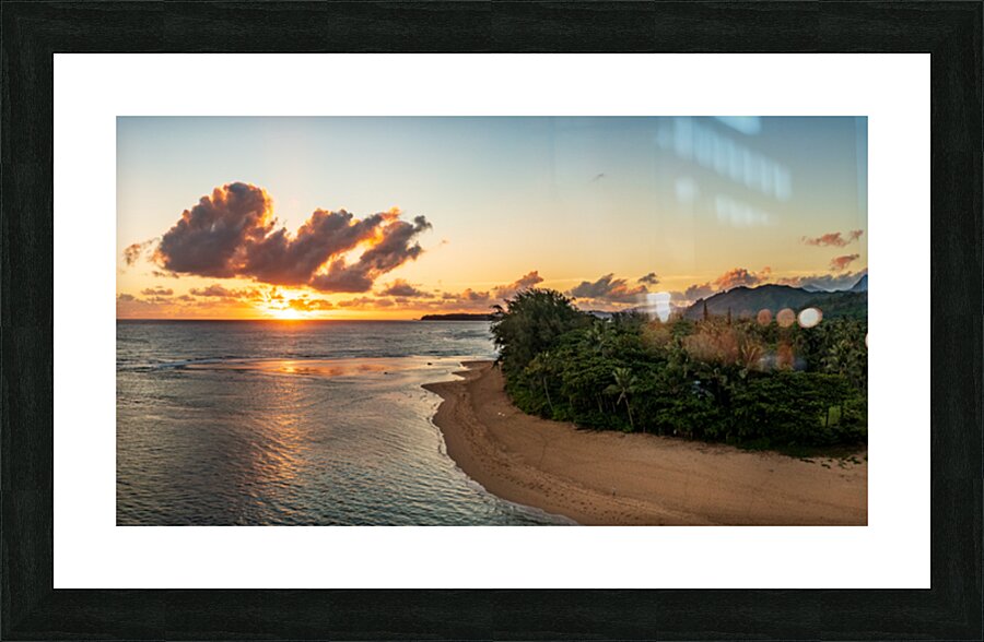 Wide panoramic view of sunrise over Tunnels Beach Kauai Hawaii Picture Frame print