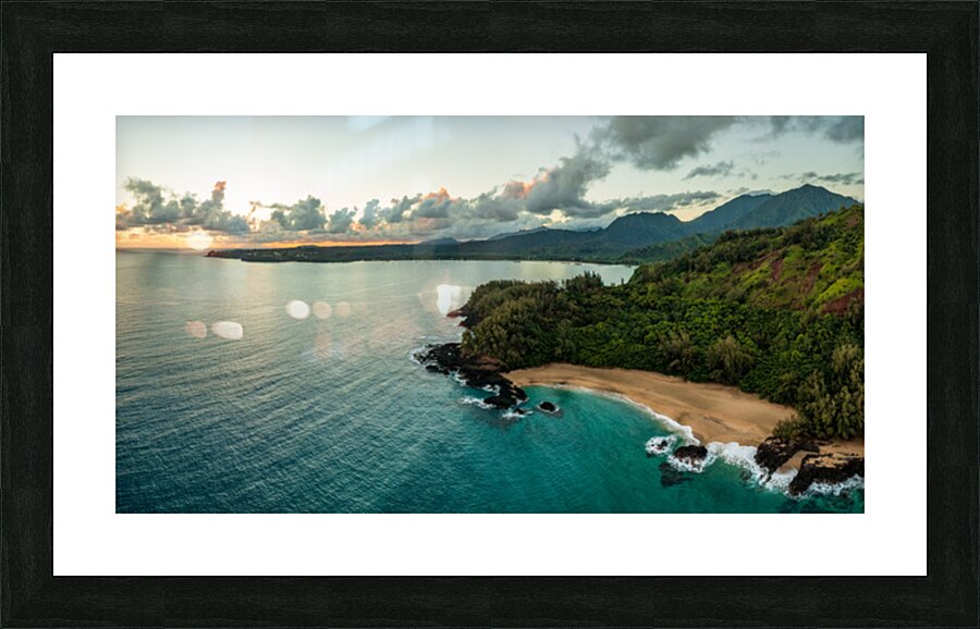 Aerial panoramic image of Lumahai Beach on the Kauai north shore Picture Frame print