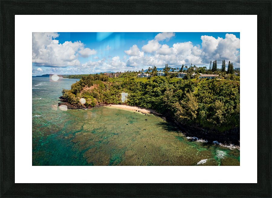 Overhead panorama view of Sealodge beach in Princeville on Kauai Picture Frame print