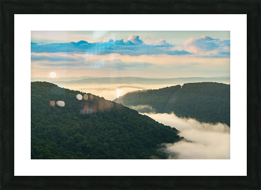 Mist swirling over Cheat River gorge at sunrise near Raven Rock Picture Frame print
