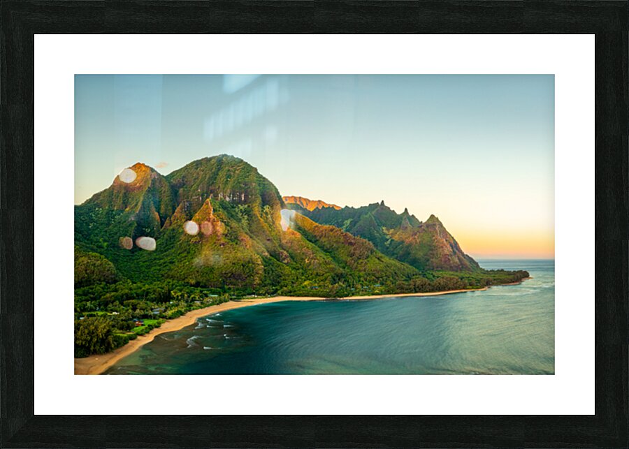 Aerial shot of Tunnels Beach at sunrise on Kauai in Hawaii Picture Frame print
