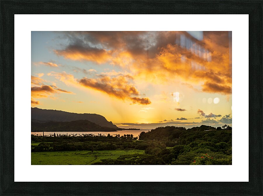 Sunset over Hanalei bay from overlook on the road Picture Frame print