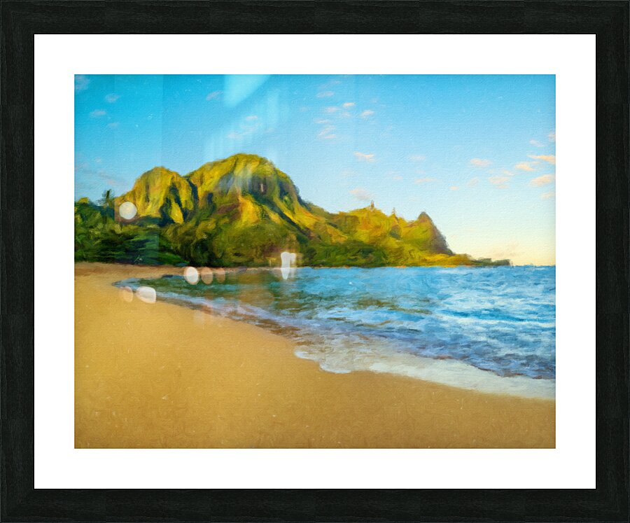 Oil painting sunrise over Tunnels Beach on Kauai in Hawaii Picture Frame print