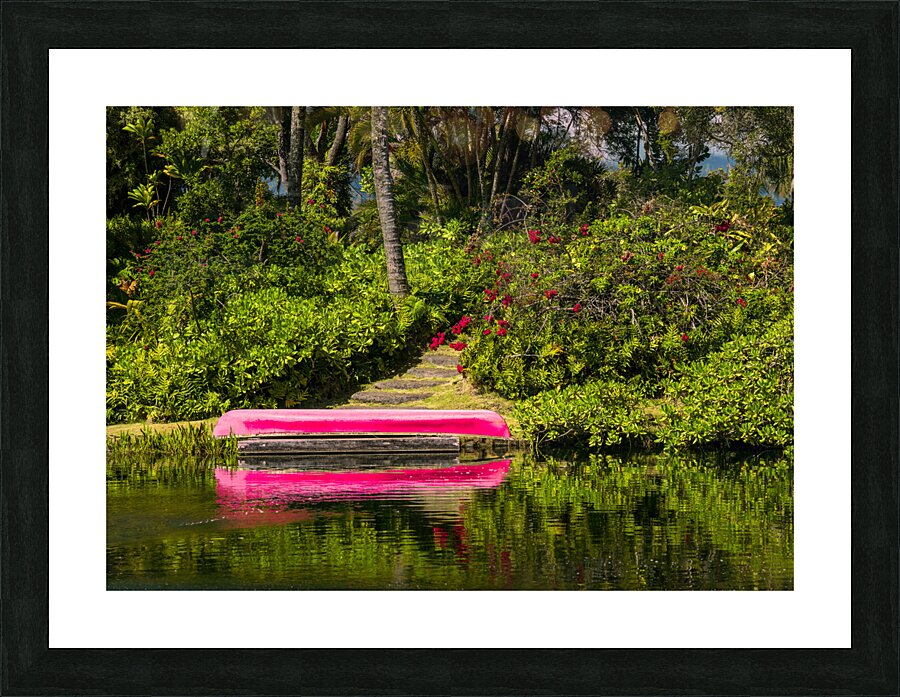 Red canoe on dock reflecting into calm lake or pond in garden Picture Frame print