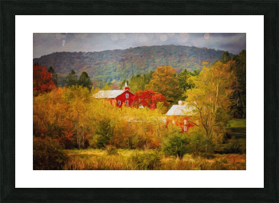 Painting of historic red barn nestled in fall colors in West Vir Picture Frame print