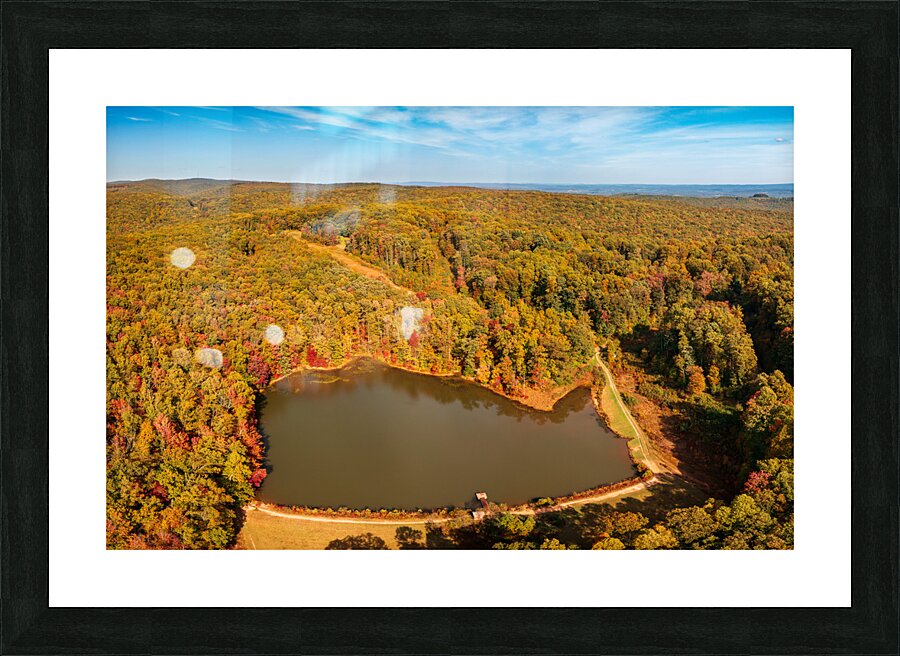 Aerial fall leaves around Coopers Rock reservoir in WV Picture Frame print