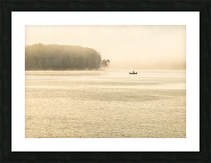 Fisherman fishing in Mississippi river on misty autumn morning Picture Frame print
