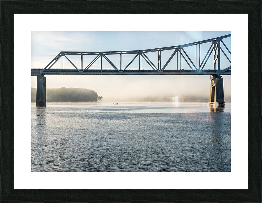 Fisherman fishing in Mississippi river on misty autumn morning Picture Frame print