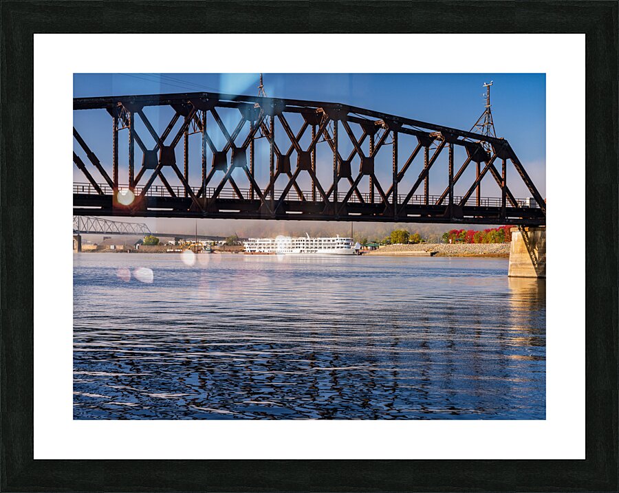 River cruise boat docked in Dubuque IA under Railroad bridge Picture Frame print