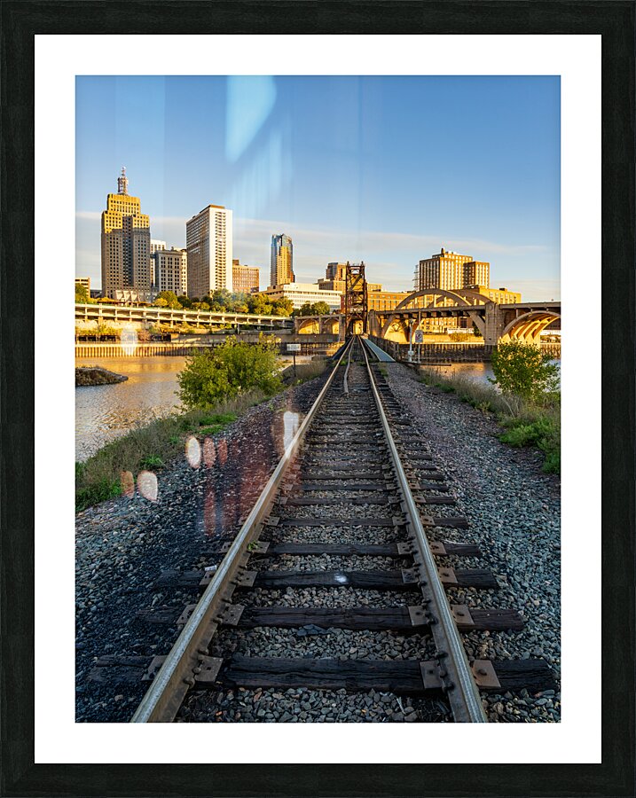 Railroad bridge over Mississippi river at sunrise in St Paul Picture Frame print