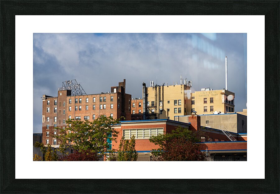 Cityscape of Burlington in Iowa from the Mississippi river Picture Frame print