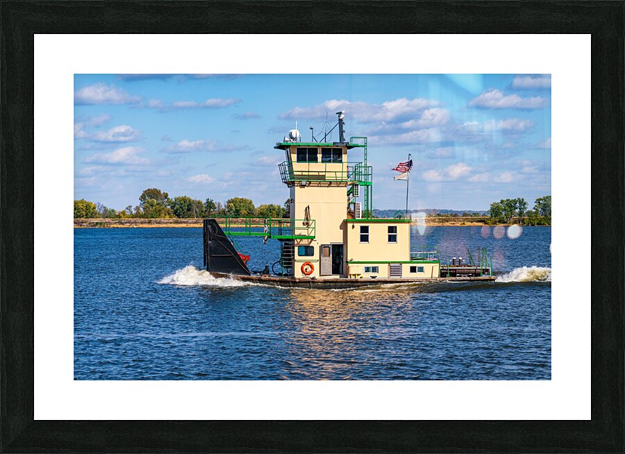 Tug boat or pusher boat leaving Lock and Dam 22 on Mississippi r Picture Frame print