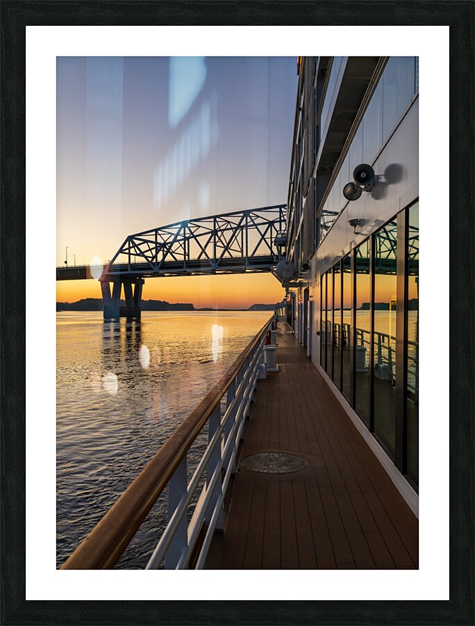 River cruise boat sails to Mark Twain Memorial road bridge Picture Frame print