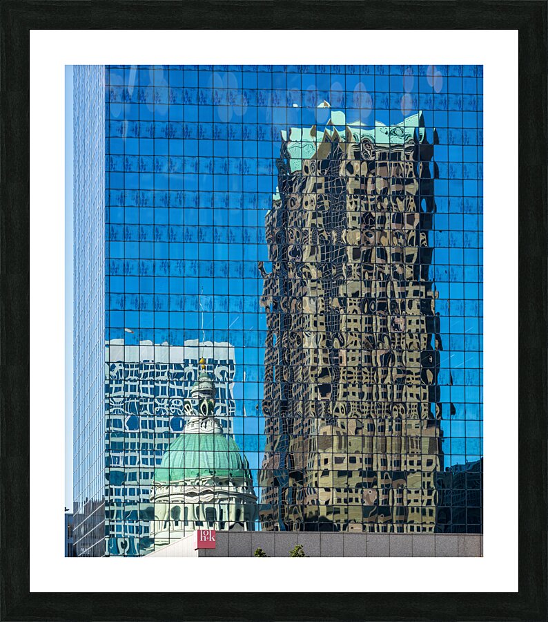 Complex reflections of a modern skyscraper in St Louis office bu Picture Frame print