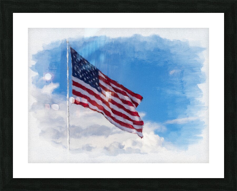 Digital art of USA stars and stripes flag against blue sky Picture Frame print