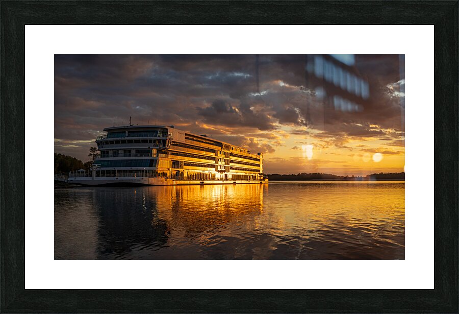Sunset over Viking Mississippi river  cruise boat near Vicksburg Picture Frame print