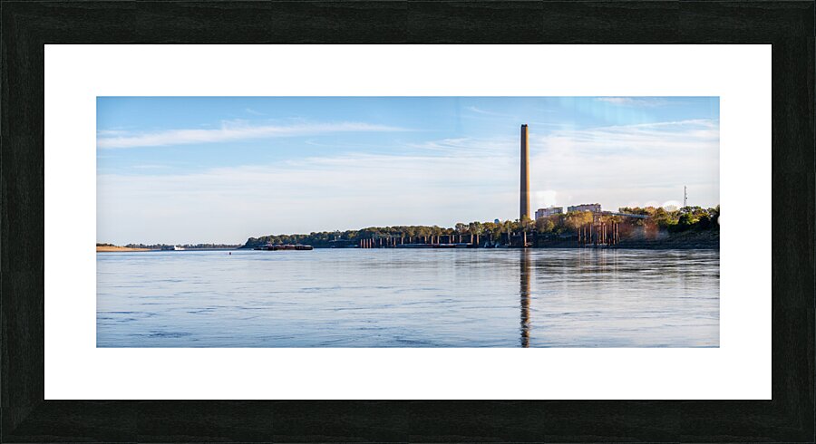 New Madrid power station above sand banks of Mississippi river i Picture Frame print