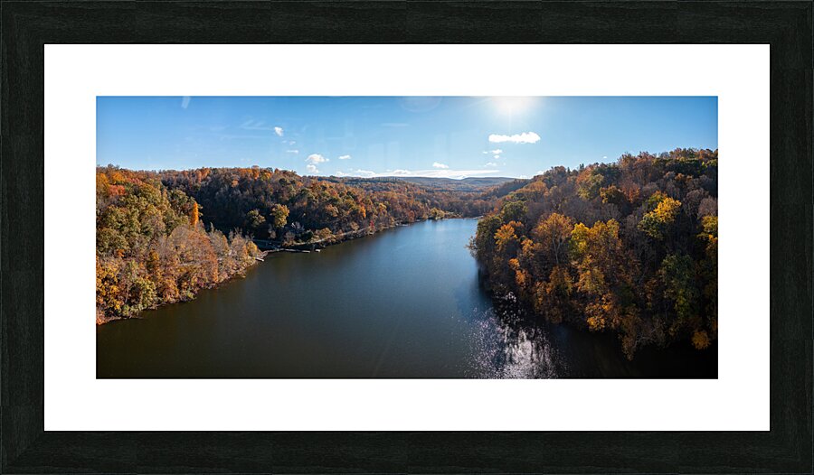 Panoramic fall trees around the water at Cheat Lake Park Morgan Picture Frame print